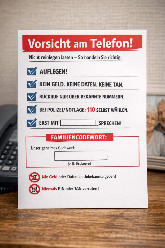 Merkblatt „Vorsicht am Telefon!“ mit Verhaltensregeln und Familiencodewort neben dem Telefon